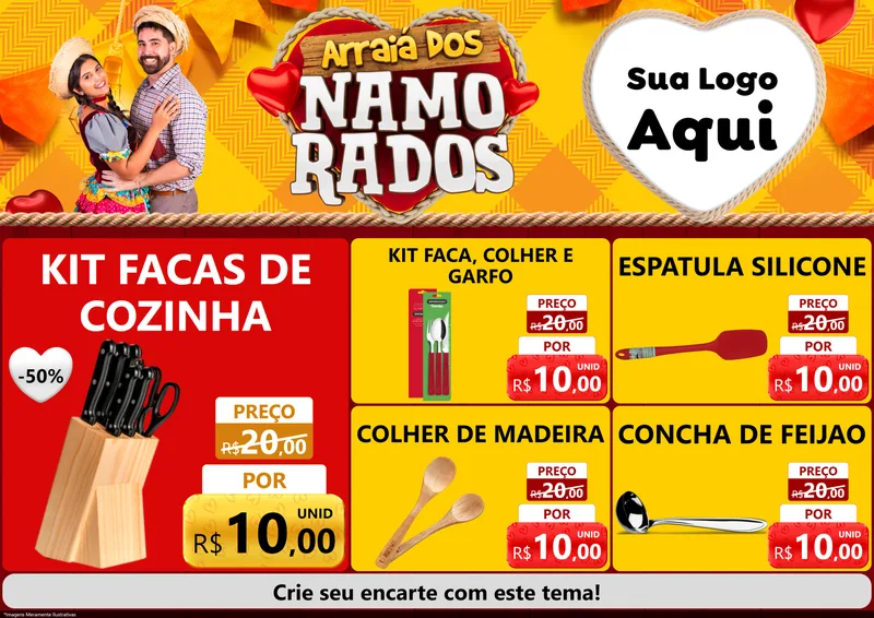 Modelo de Encarte para Encarte A4 Horizontal com o tema Arraiá dos Namorados para Utilidades Domésticas
