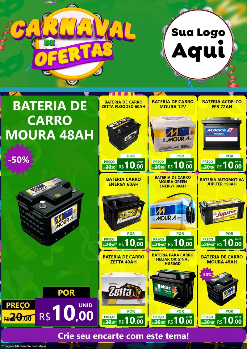 Modelo de Encarte para Encarte A4 Vertical com o tema Carnaval de Ofertas para Baterias Elétricas