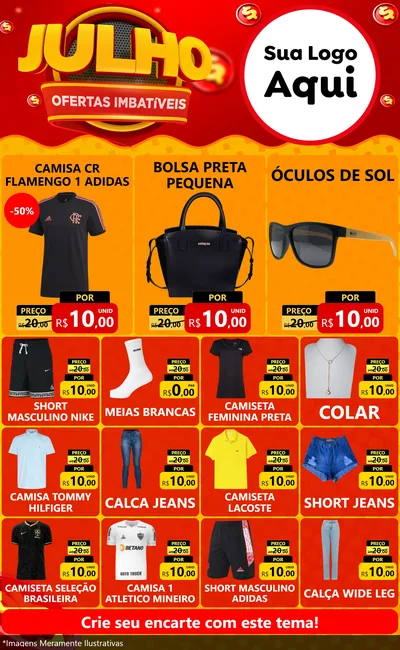 Modelo de Encarte para Encarte Grande com o tema Julho Ofertas Imbatíveis para Roupas e acessórios