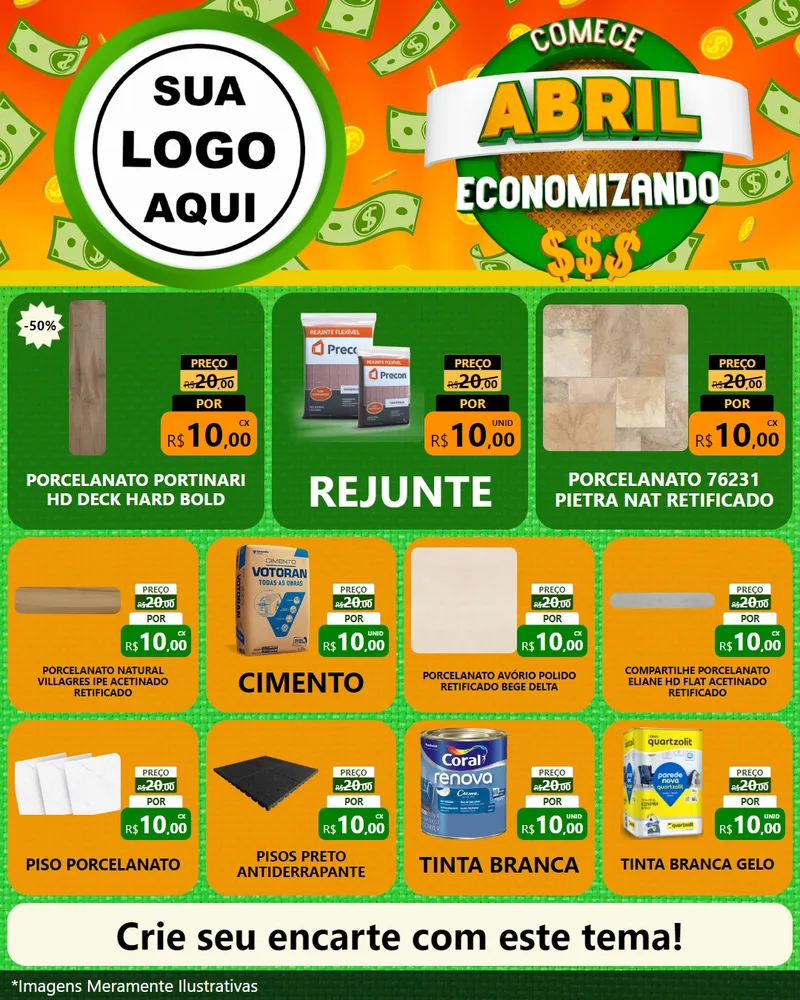 Modelo de Rede Social para Feed Instagram com o tema Comece Abril Economizando para Pisos e revestimentos