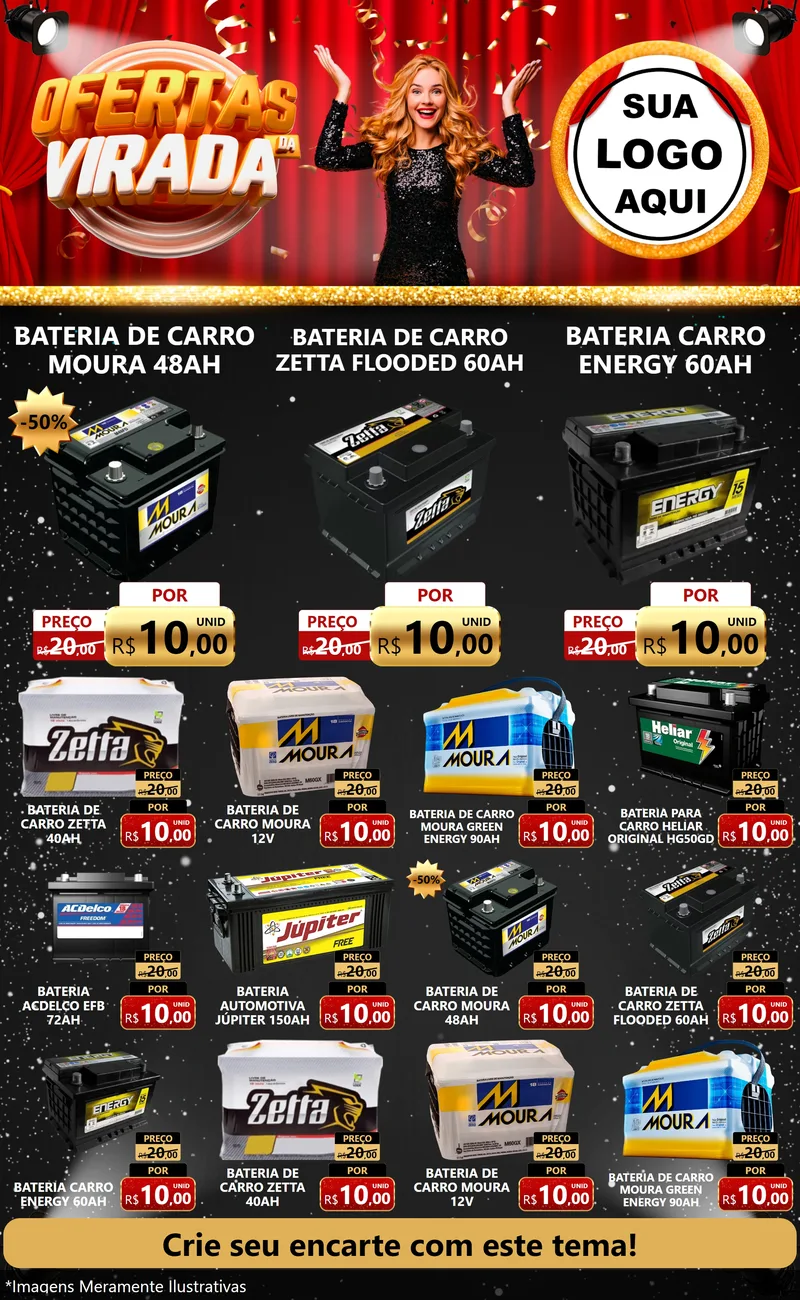 Modelo de Encarte para Encarte Grande com o tema Ofertas da Virada para Baterias Elétricas
