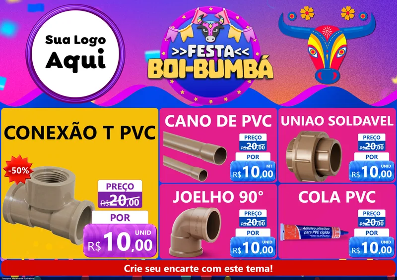 Modelo de Encarte para Encarte A4 Horizontal com o tema Festa Boi-Bumbá para Tubos e conexões