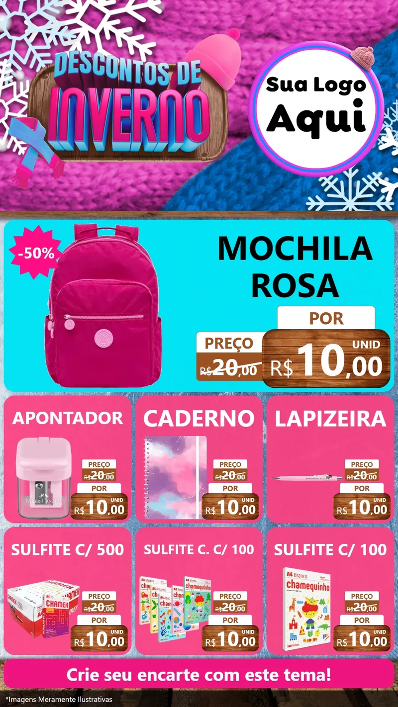Modelo de Rede Social para Stories com o tema Descontos de Inverno para Papelaria
