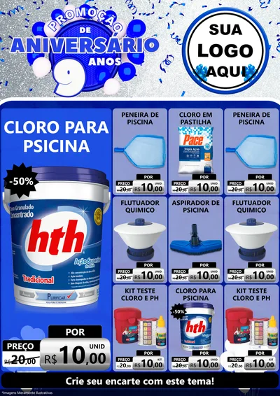 Modelo de Encarte para Encarte A4 Vertical com o tema Promoção de Aniversário - 9 Anos para Produtos para Piscina
