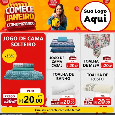 Modelo de Rede Social para Feed Facebook com o tema Comece Janeiro Economizando para Cama, Mesa e Banho
