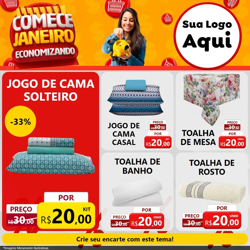 Modelo de Rede Social para Feed Facebook com o tema Comece Janeiro Economizando para Cama, Mesa e Banho