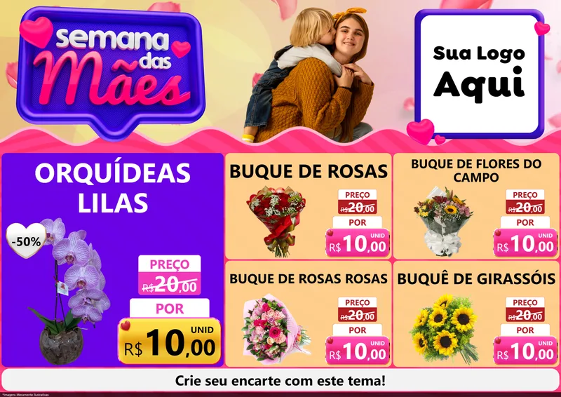 Modelo de Encarte para Encarte A4 Horizontal com o tema Semana das Mães para Floricultura e jardim