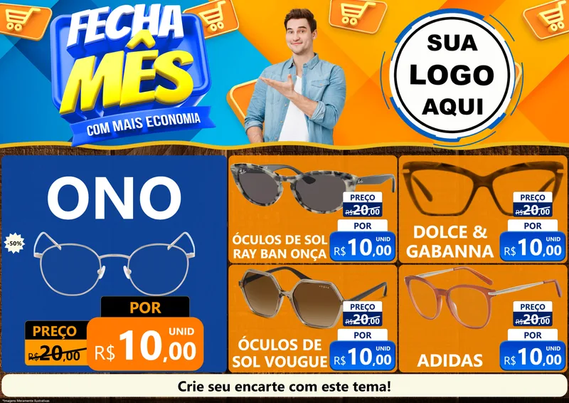 Modelo de Encarte para Encarte A4 Horizontal com o tema Fecha Mês Com Mais Economia para Óticas