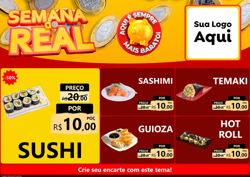 Modelo de Encarte para Encarte A4 Horizontal com o tema Semana do Real para Comida japonesa