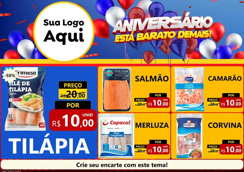 Modelo de Encarte para Encarte A4 Horizontal com o tema Aniversário para Peixaria