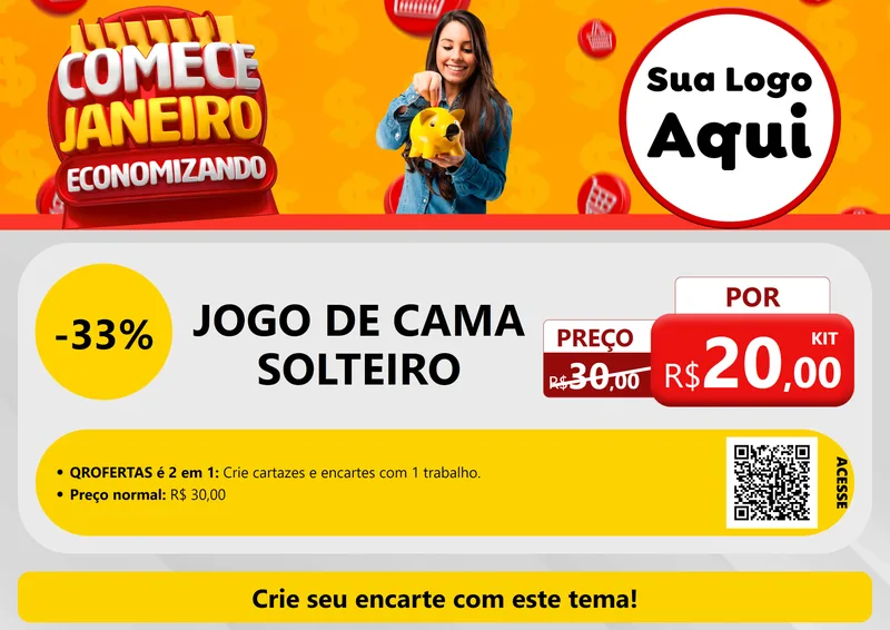 Modelo de Cartaz para Cartaz A4 Horizontal com o tema Comece Janeiro Economizando para Cama, Mesa e Banho