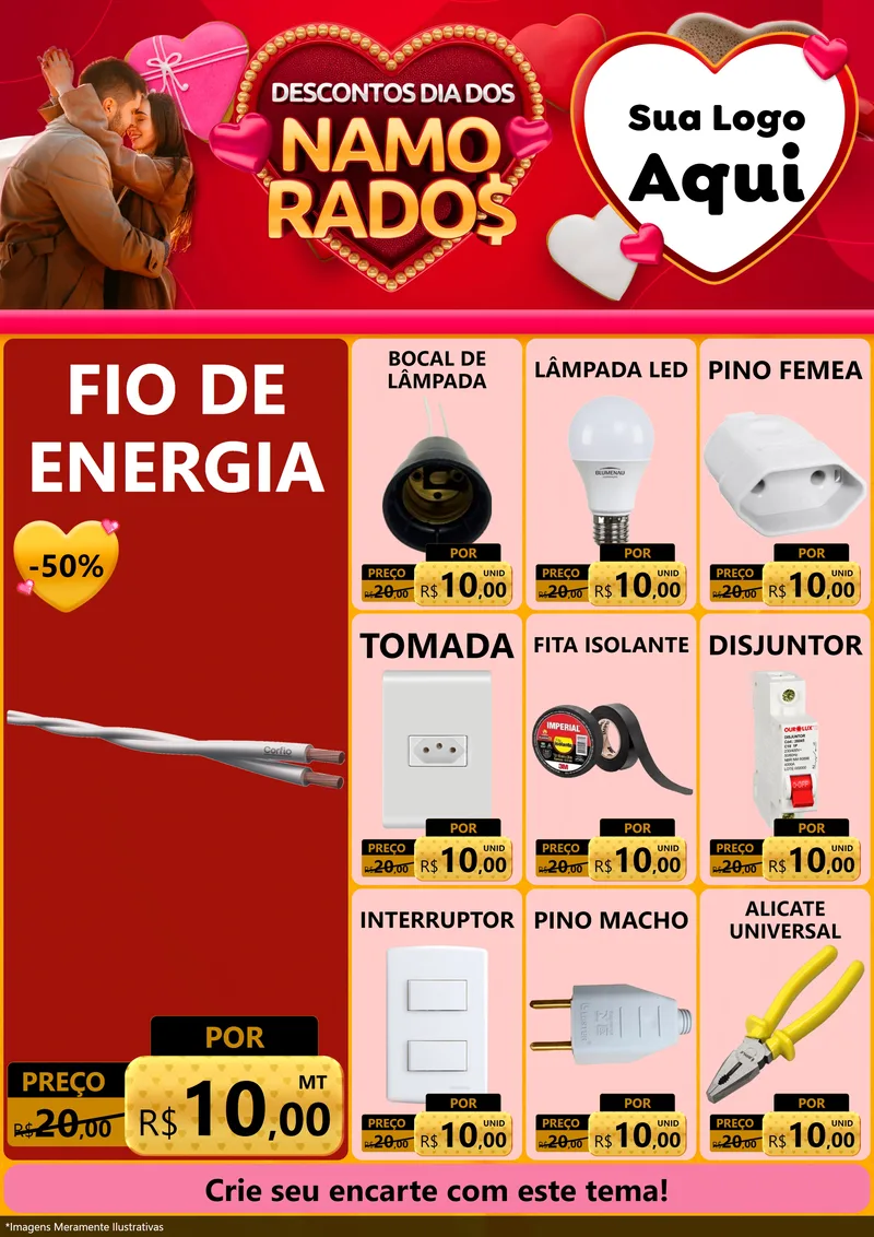 Modelo de Encarte para Encarte A4 Vertical com o tema Descontos Dia dos Namorados para Materiais Elétricos
