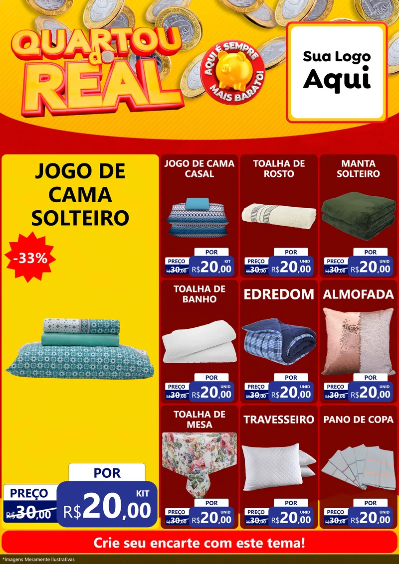 Modelo de Encarte para Encarte A4 Vertical com o tema Quartou do Real para Cama, Mesa e Banho