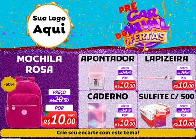 Modelo de Encarte para Encarte A4 Horizontal com o tema Pré Carnaval de Ofertas para Papelaria