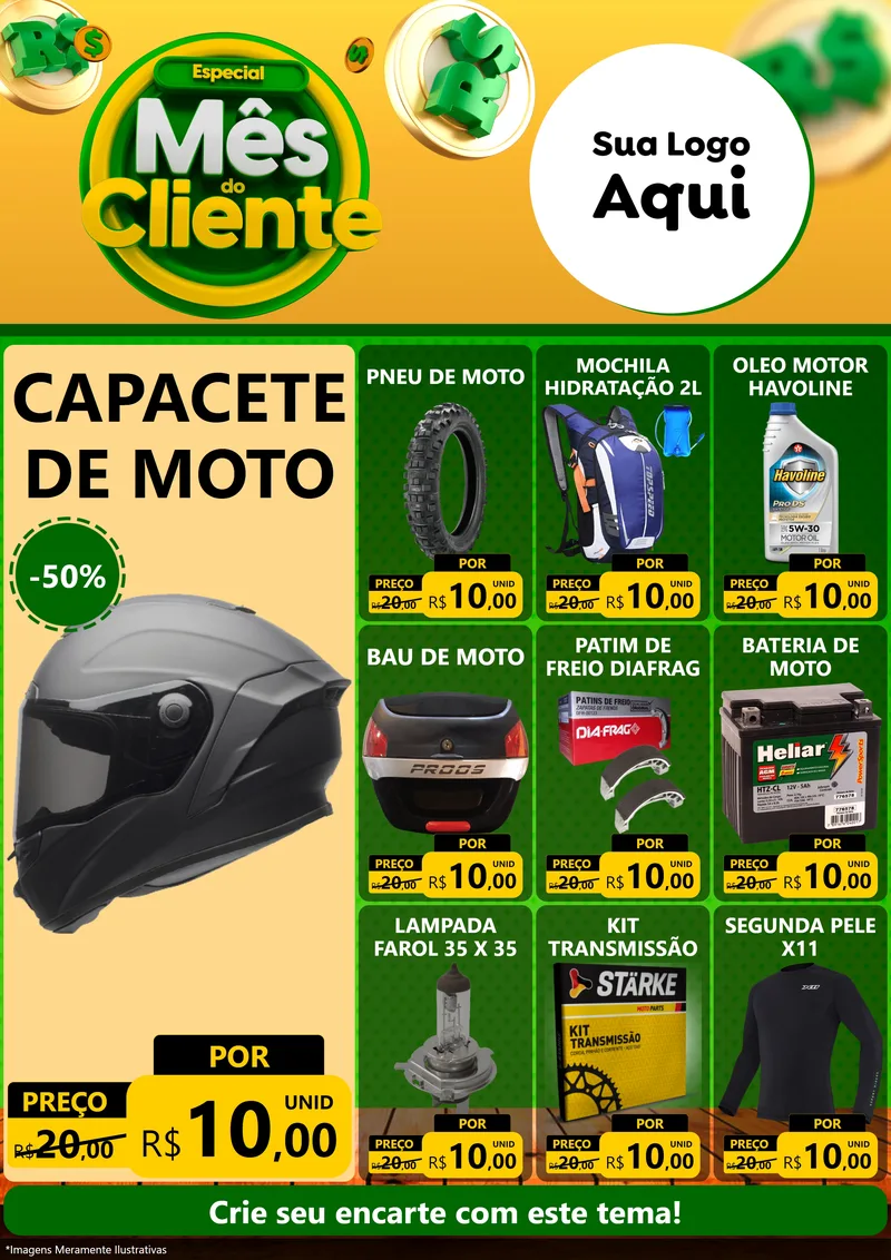 Modelo de Encarte para Encarte A4 Vertical com o tema Especial Mês do Cliente para Moto peças