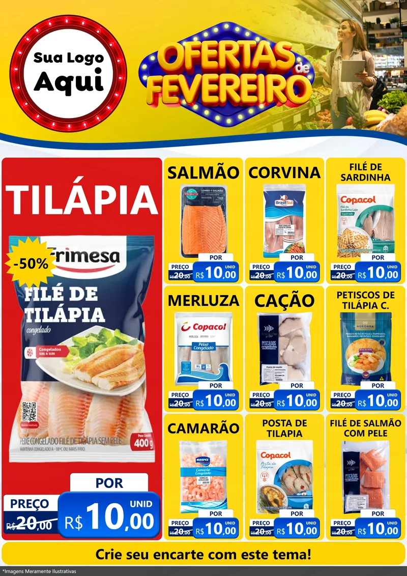 Modelo de Encarte para Encarte A4 Vertical com o tema Ofertas de Fevereiro para Peixaria