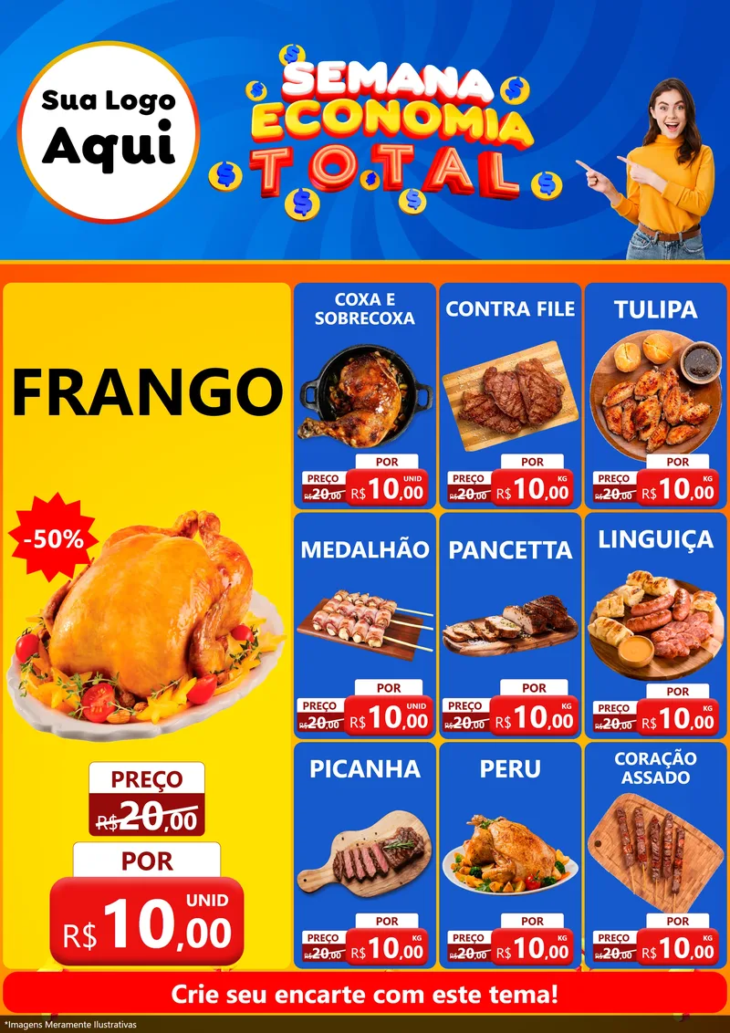Modelo de Encarte para Encarte A4 Vertical com o tema Semana Economia Total para Assados