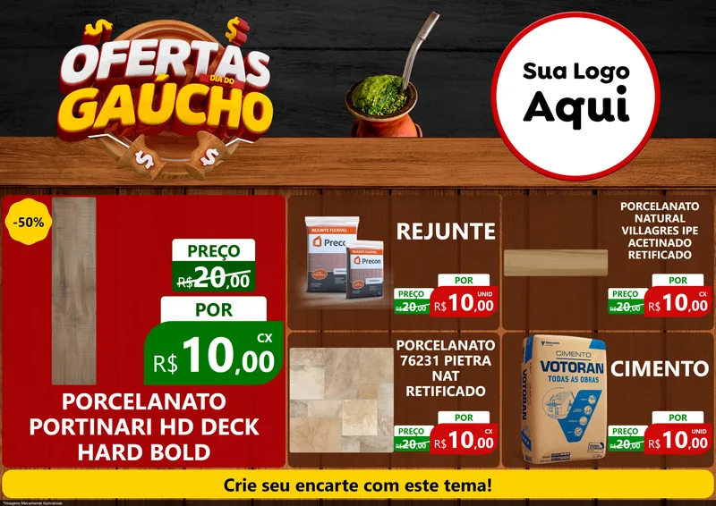 Modelo de Encarte para Encarte A4 Horizontal com o tema Ofertas Dia do Gaúcho para Pisos e revestimentos