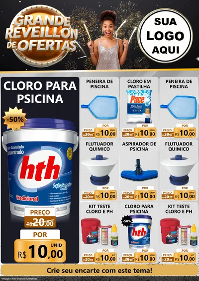 Modelo de Encarte para Encarte A4 Vertical com o tema Grande Réveillon de Ofertas para Produtos para Piscina