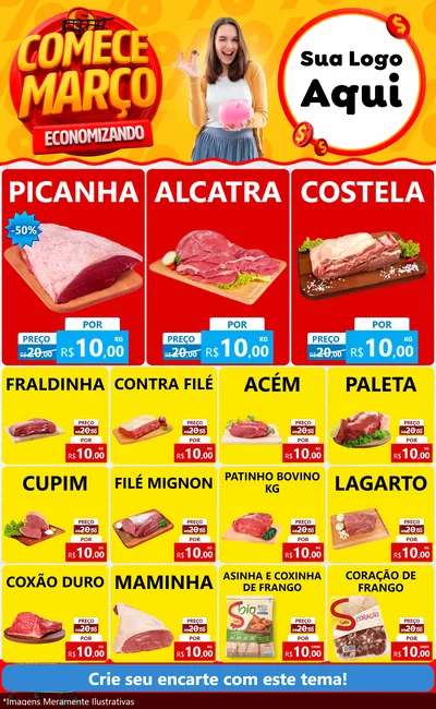 Modelo de Encarte para Encarte Grande com o tema Comece Março Economizando para Açougue