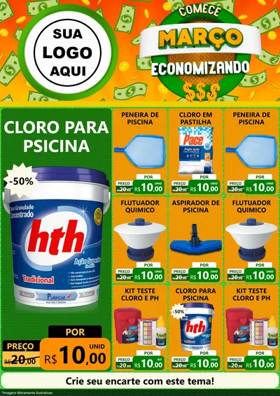 Modelo de Encarte para Encarte A4 Vertical com o tema Comece Março Economizando para Produtos para Piscina