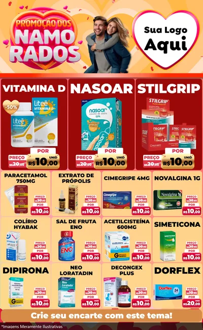 Modelo de Encarte para Encarte Grande com o tema Promoção dos Namorados para Farmácia