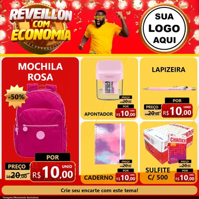 Modelo de Rede Social para Feed Facebook com o tema Réveillon com Economia para Papelaria