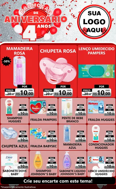 Modelo de Encarte para Encarte Grande com o tema Promoção de Aniversário - 4 Anos para Bebês