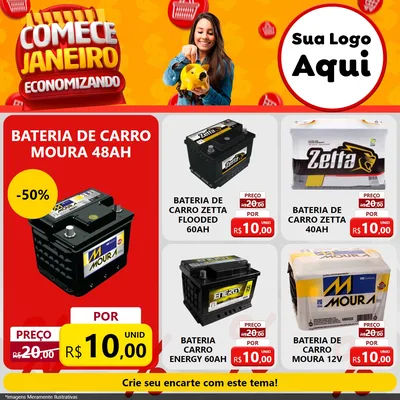 Modelo de Rede Social para Feed Facebook com o tema Comece Janeiro Economizando para Baterias Elétricas