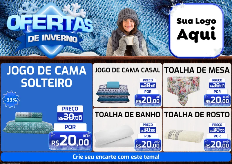 Modelo de Encarte para Encarte A4 Horizontal com o tema Ofertas de Inverno para Cama, Mesa e Banho