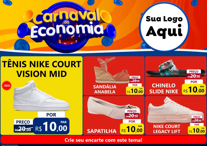 Modelo de Encarte para Encarte A4 Horizontal com o tema Carnaval da Economia para Calçados