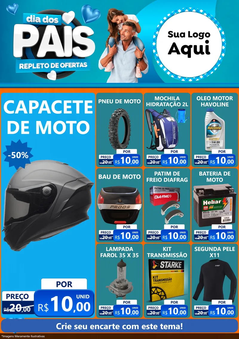 Modelo de Encarte para Encarte A4 Vertical com o tema Dia Dos Pais Repleto de Ofertas para Moto peças