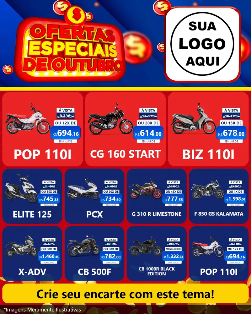 Modelo de Rede Social para Feed Instagram com o tema Ofertas Especiais de Outubro para Concessionaria de Motos