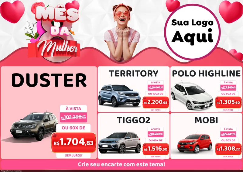 Modelo de Encarte para Encarte A4 Horizontal com o tema Mês da Mulher para Concessionaria de Carros