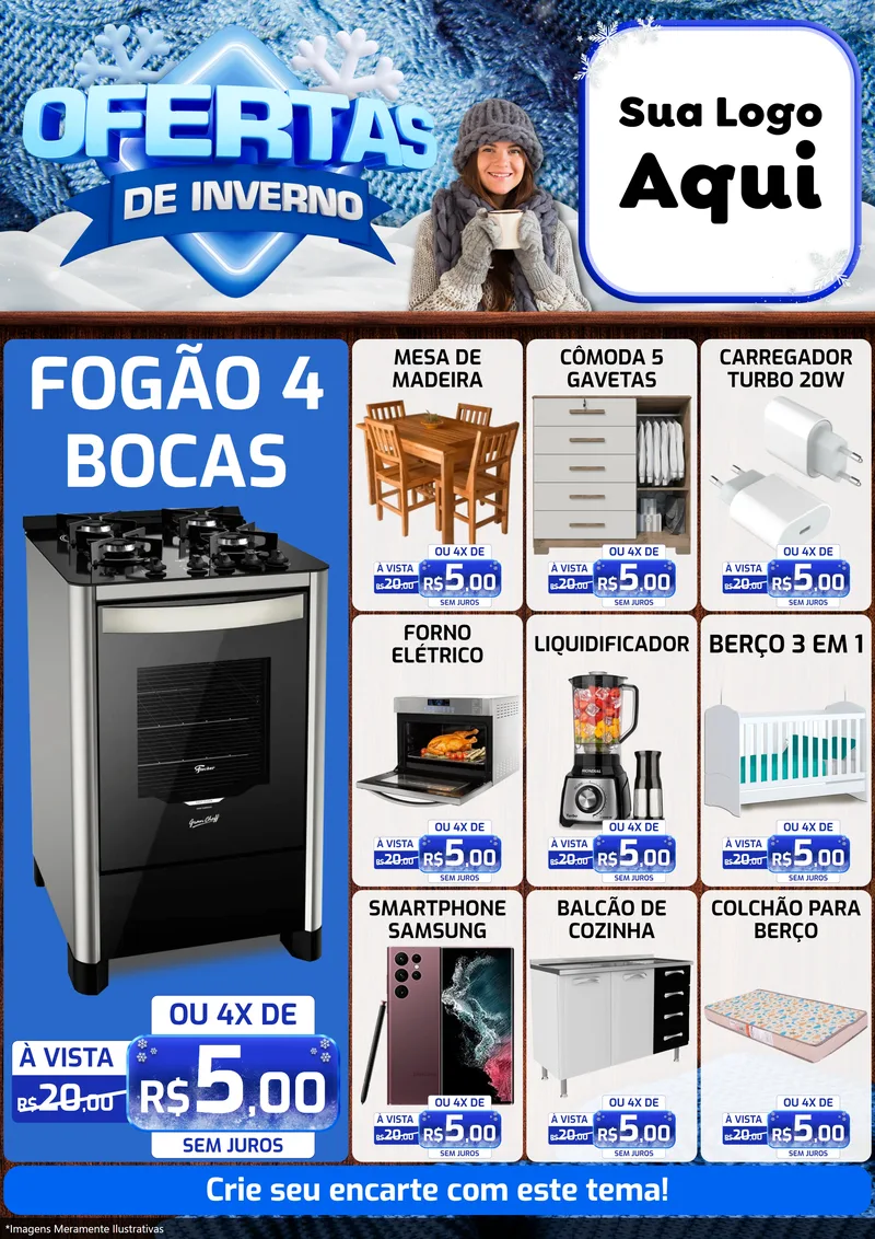 Modelo de Encarte para Encarte A4 Vertical com o tema Ofertas de Inverno para Móveis e Eletro