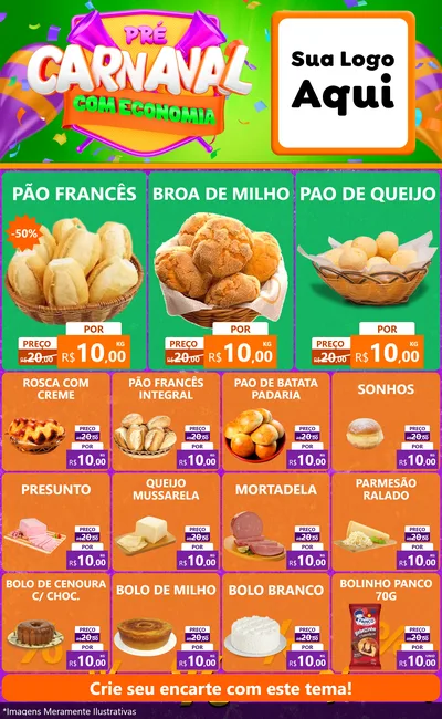 Modelo de Encarte para Encarte Grande com o tema Pré-Carnaval Com Economia para Padaria