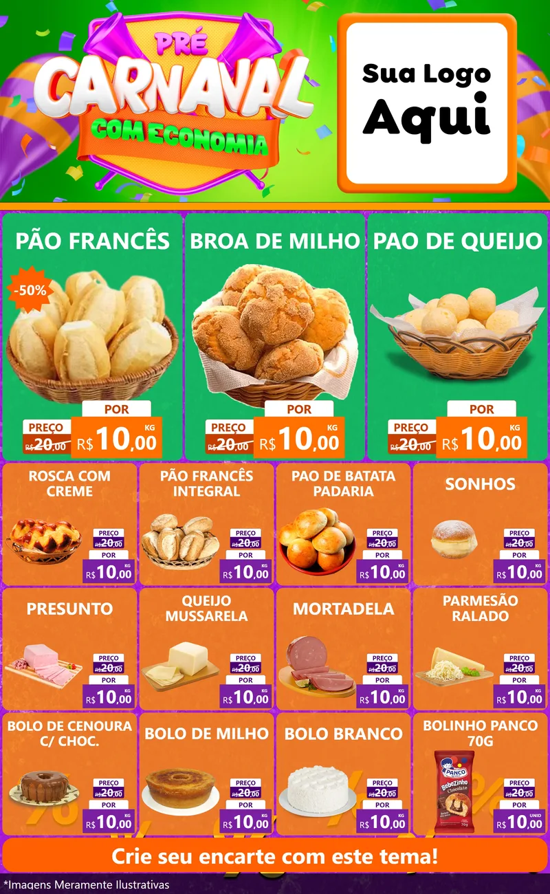 Modelo de Encarte para Encarte Grande com o tema Pré-Carnaval Com Economia para Padaria