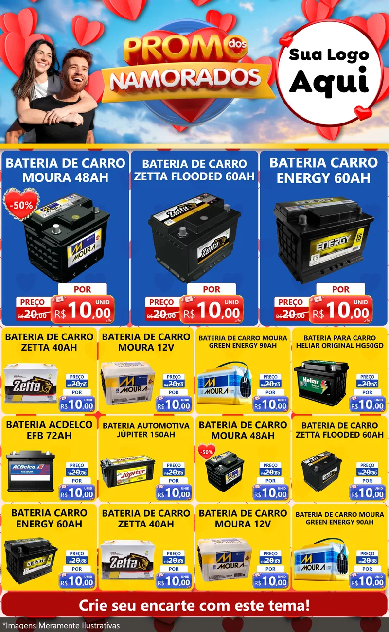 Modelo de Encarte para Encarte Grande com o tema Promo dos Namorados para Baterias Elétricas