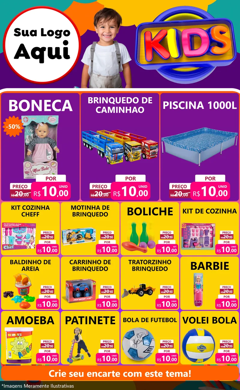 Modelo de Encarte para Encarte Grande com o tema KIDS para Brinquedos
