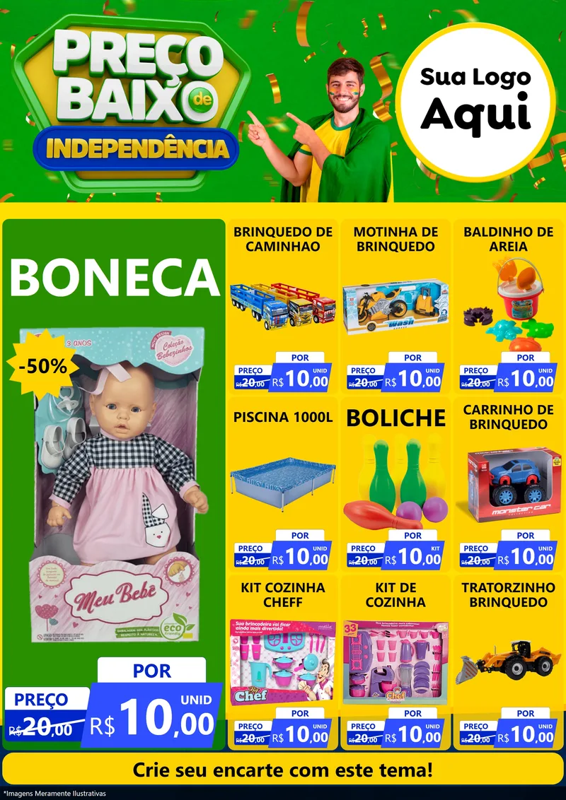 Modelo de Encarte para Encarte A4 Vertical com o tema Preço Baixo de Independência para Brinquedos