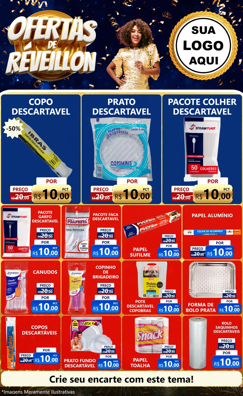 Modelo de Encarte para Encarte Grande com o tema Ofertas de Réveillon para Embalagens