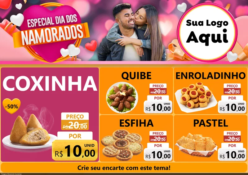 Modelo de Encarte para Encarte A4 Horizontal com o tema Especial Dia dos Namorados para Salgadaria