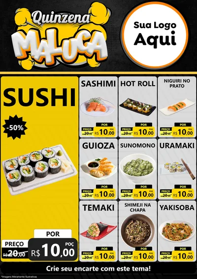 Modelo de Encarte para Encarte A4 Vertical com o tema Quinzena Maluca para Comida japonesa