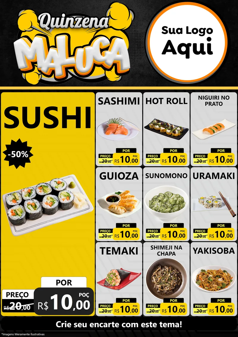 Modelo de Encarte para Encarte A4 Vertical com o tema Quinzena Maluca para Comida japonesa