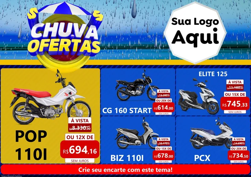 Modelo de Encarte para Encarte A4 Horizontal com o tema Chuva de Ofertas para Concessionaria de Motos