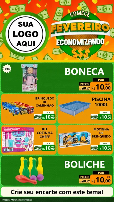 Modelo de TV para TV Vertical com o tema Comece Fevereiro Economizando para Brinquedos