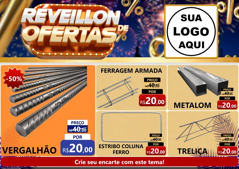 Modelo de Encarte para Encarte A4 Horizontal com o tema Réveillon de Ofertas para Ferragens