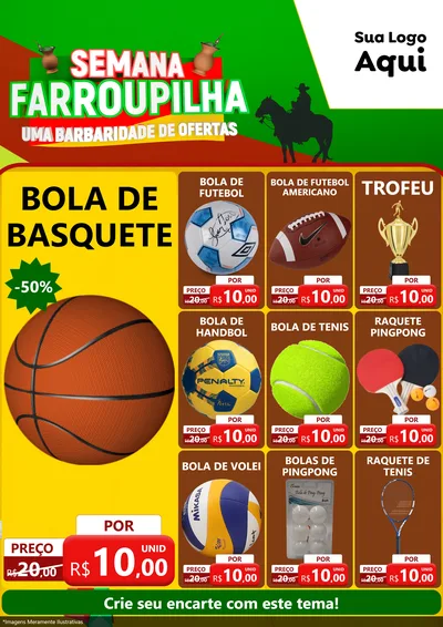 Modelo de Encarte para Encarte A4 Vertical com o tema Semana Farroupilha - Uma Barbaridade de Ofertas para Artigos Esportivos