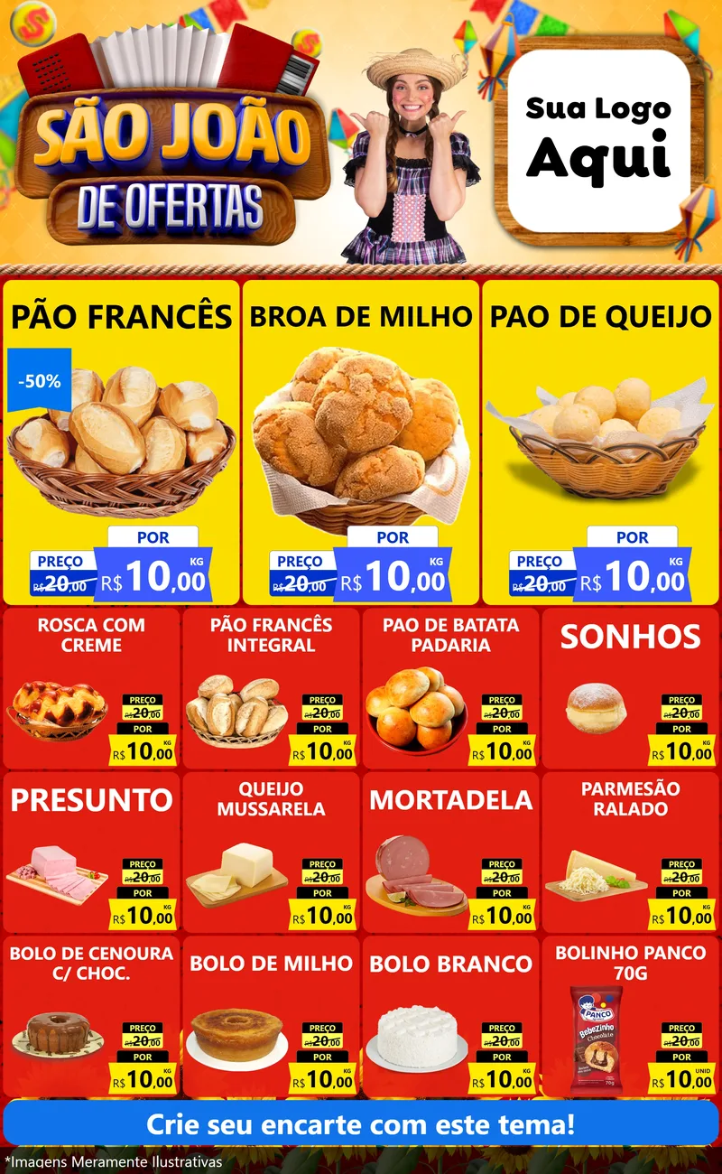 Modelo de Encarte para Encarte Grande com o tema São João de Ofertas para Padaria