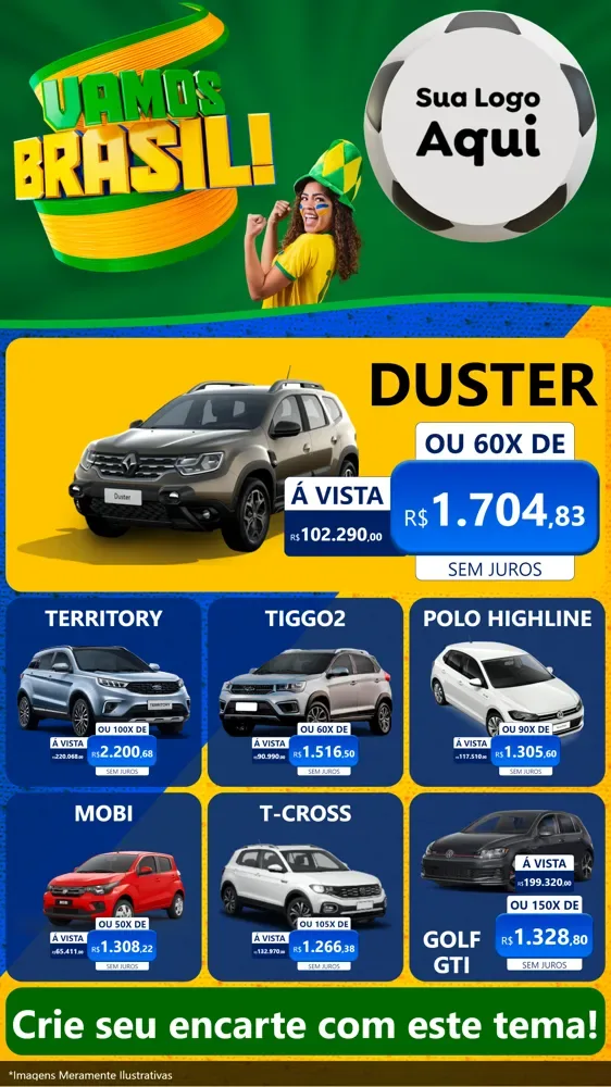 Modelo de Rede Social para Stories com o tema Vamos Brasil - Copa para Concessionaria de Carros
